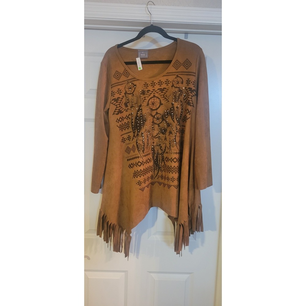 Vocal Women's Tan Faux Fringe Western Top, Lightweight, Long Sleeve, XLarge USA